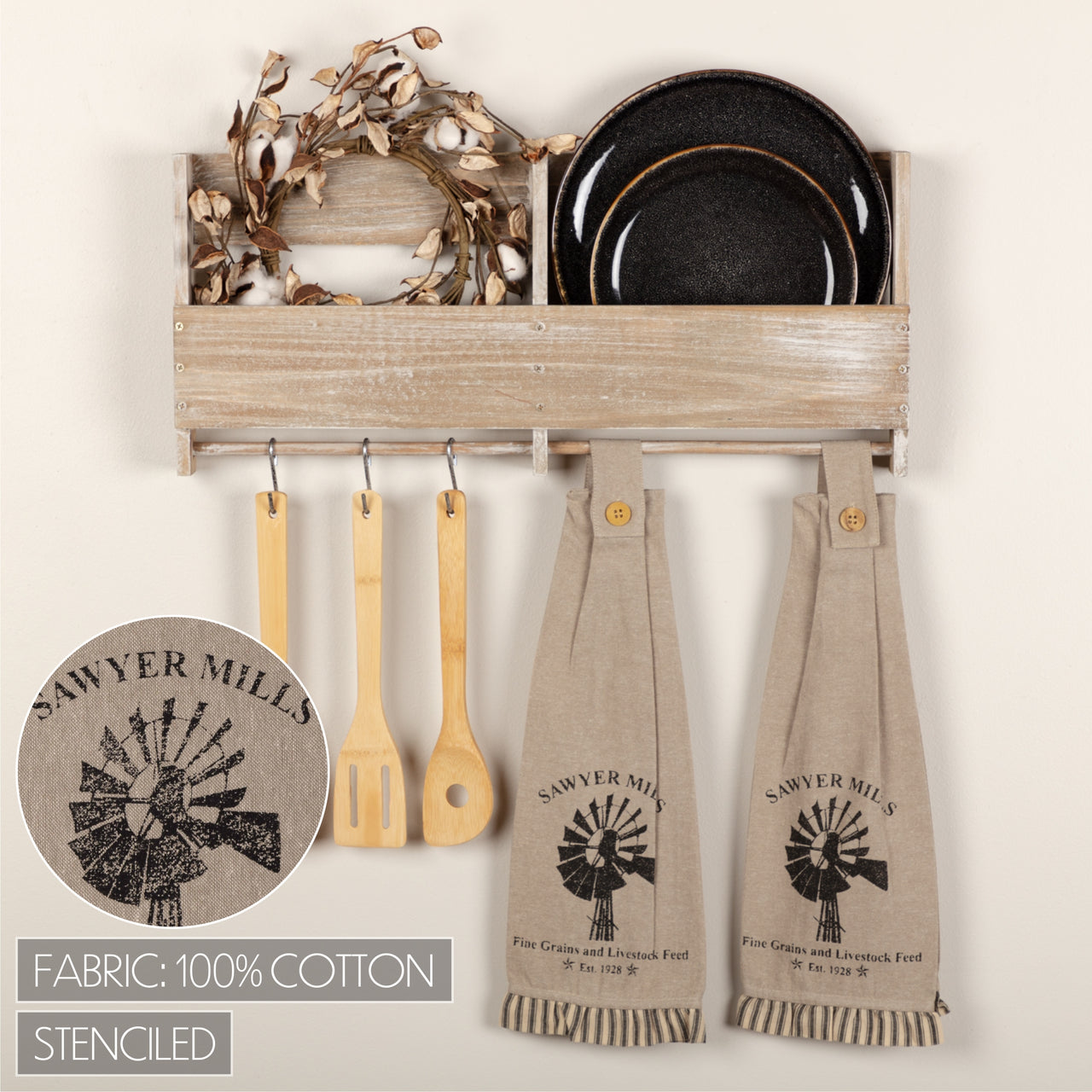Sawyer Mill Charcoal Windmill Button Loop Kitchen Towel Set of 2 VHC Brands