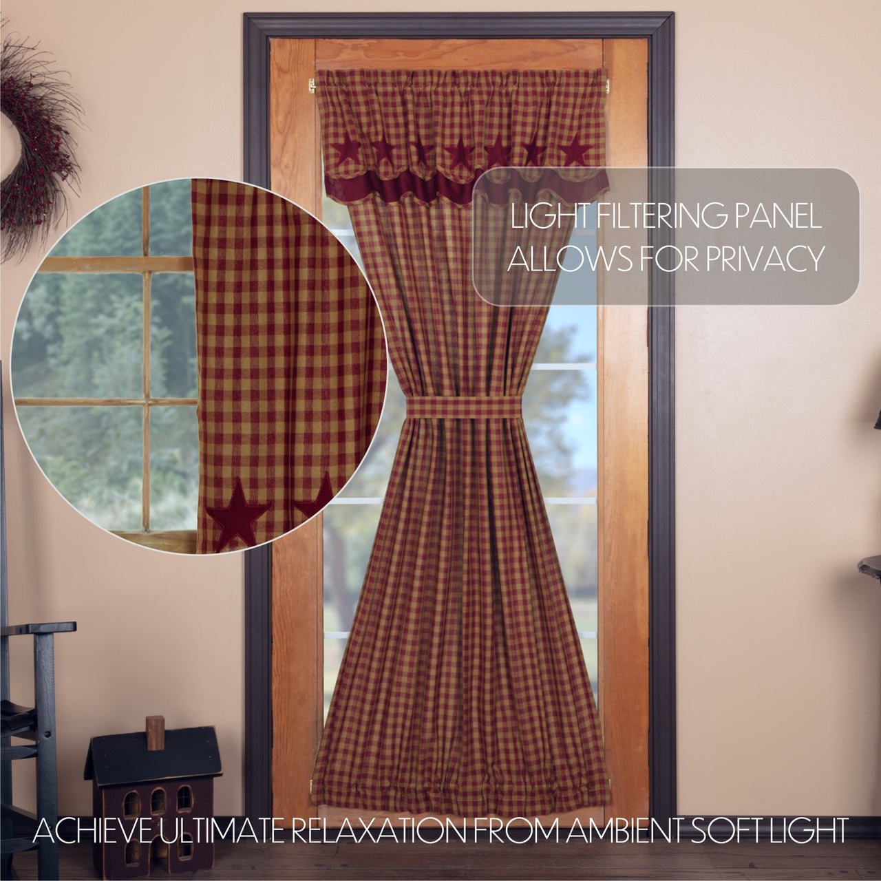 Burgundy Star Door Panel with Attached Scalloped Layered Valance 72"x40" - The Fox Decor