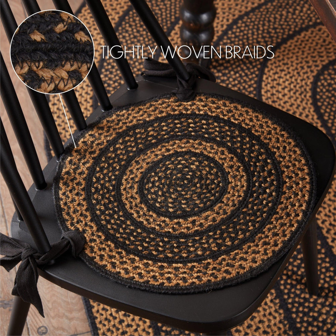 Black & Tan Jute Braided Chair Pad 15 inch Diameter VHC Brands - The Fox Decor