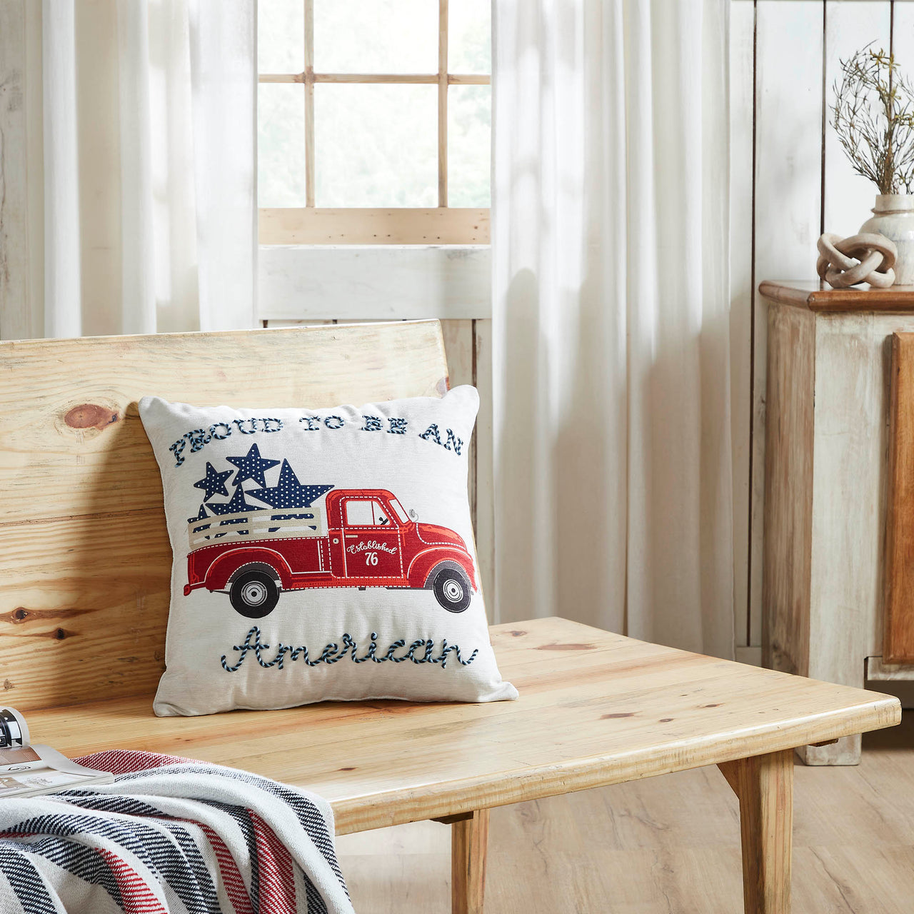 Proud To Be An American Blue Stars On Red Truck Pillow 18x18 - VHC Brands