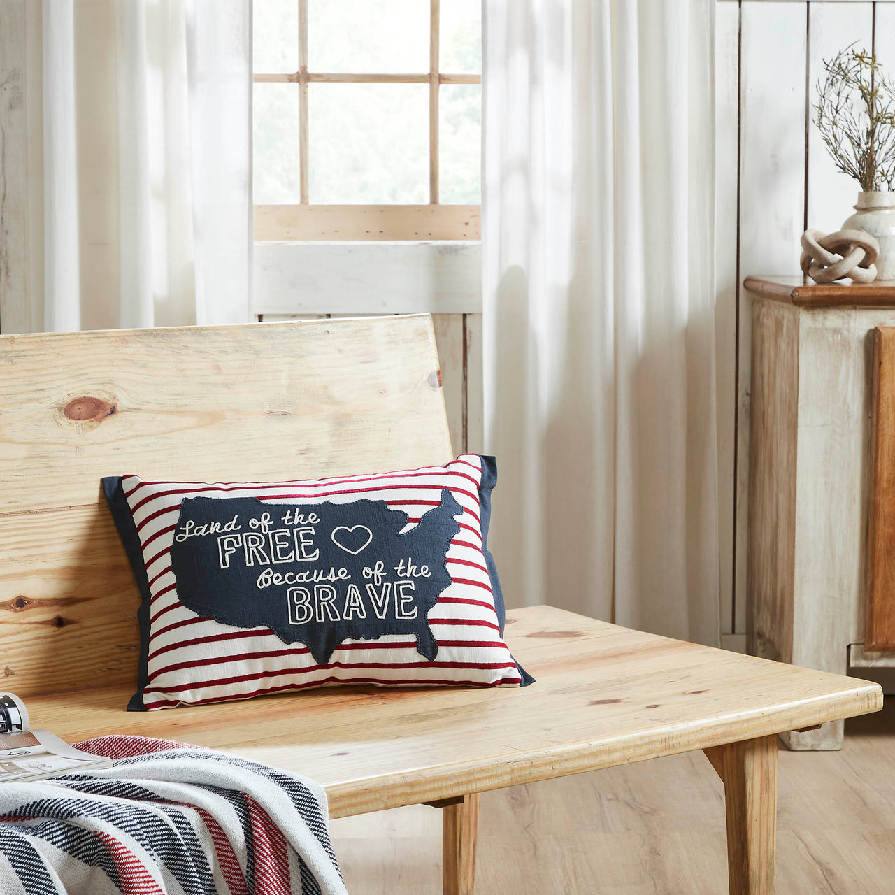 Land Of The Free Because Of The Brave American Map On Red Stripes Pillow 14x20 VHC Brands