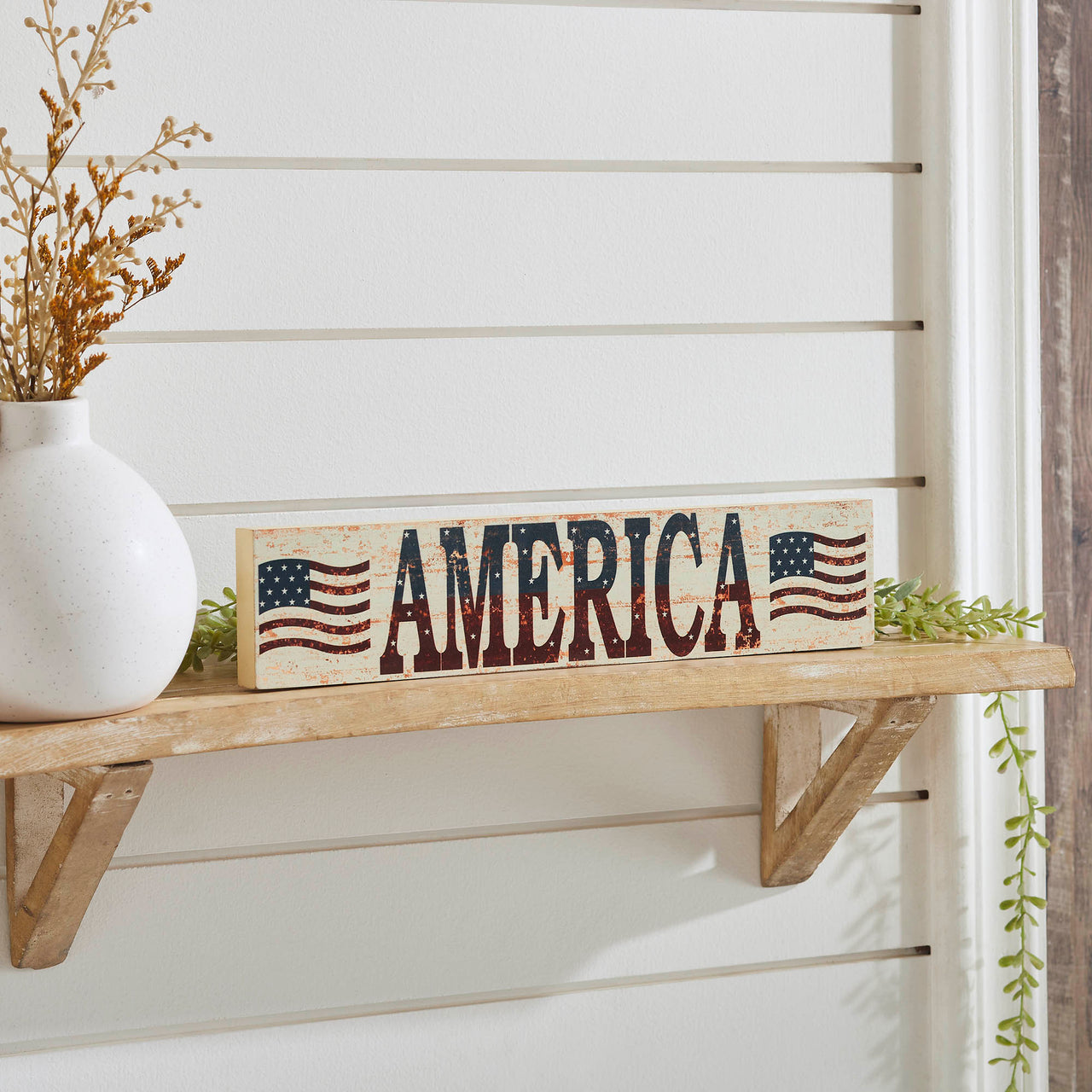 My Country AMERICA Two Flags MDF Wall Hanging 3x14x0.75 VHC Brands