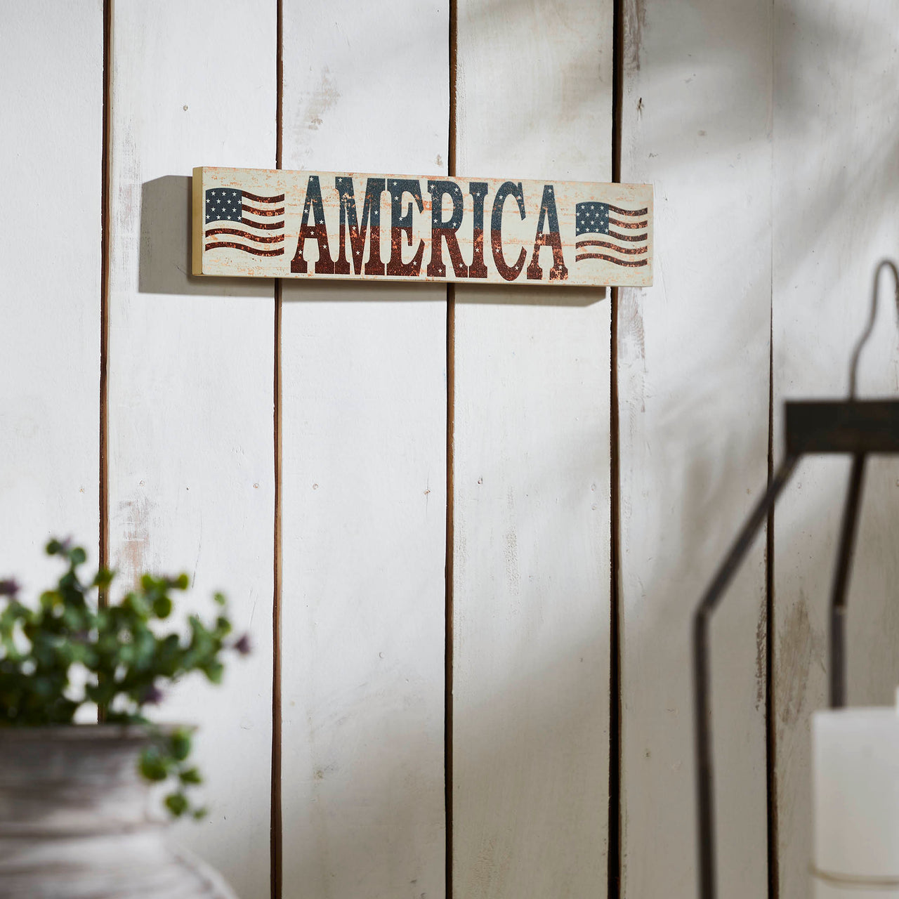 My Country AMERICA Two Flags MDF Wall Hanging 3x14x0.75 VHC Brands