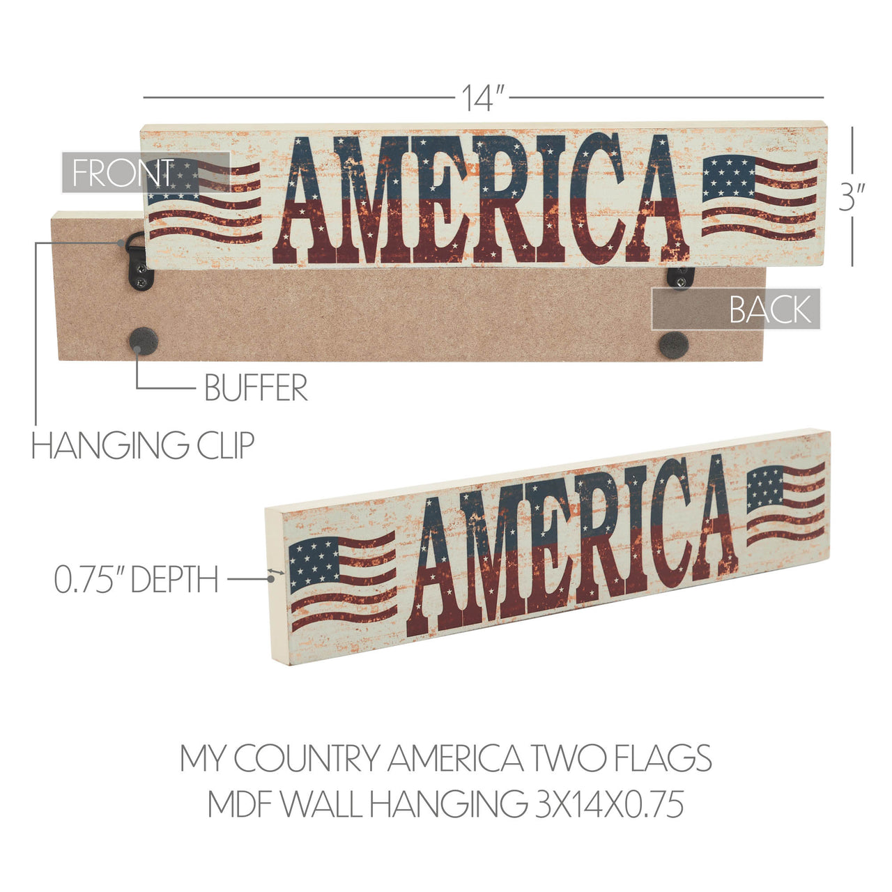 My Country AMERICA Two Flags MDF Wall Hanging 3x14x0.75 VHC Brands