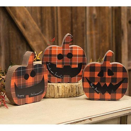 Happy Halloween Chunky Plaid Jack O Lantern Sitter 3 Asstd - The Fox Decor