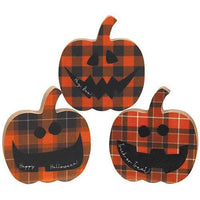 Happy Halloween Chunky Plaid Jack O Lantern Sitter 3 Asstd - The Fox Decor