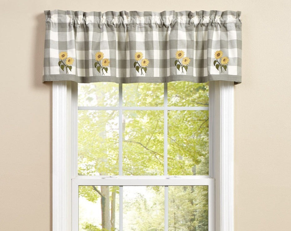 Wicklow Check Sunflower Embroidered Lined Valance Curtains 14" L - Park Designs - The Fox Decor