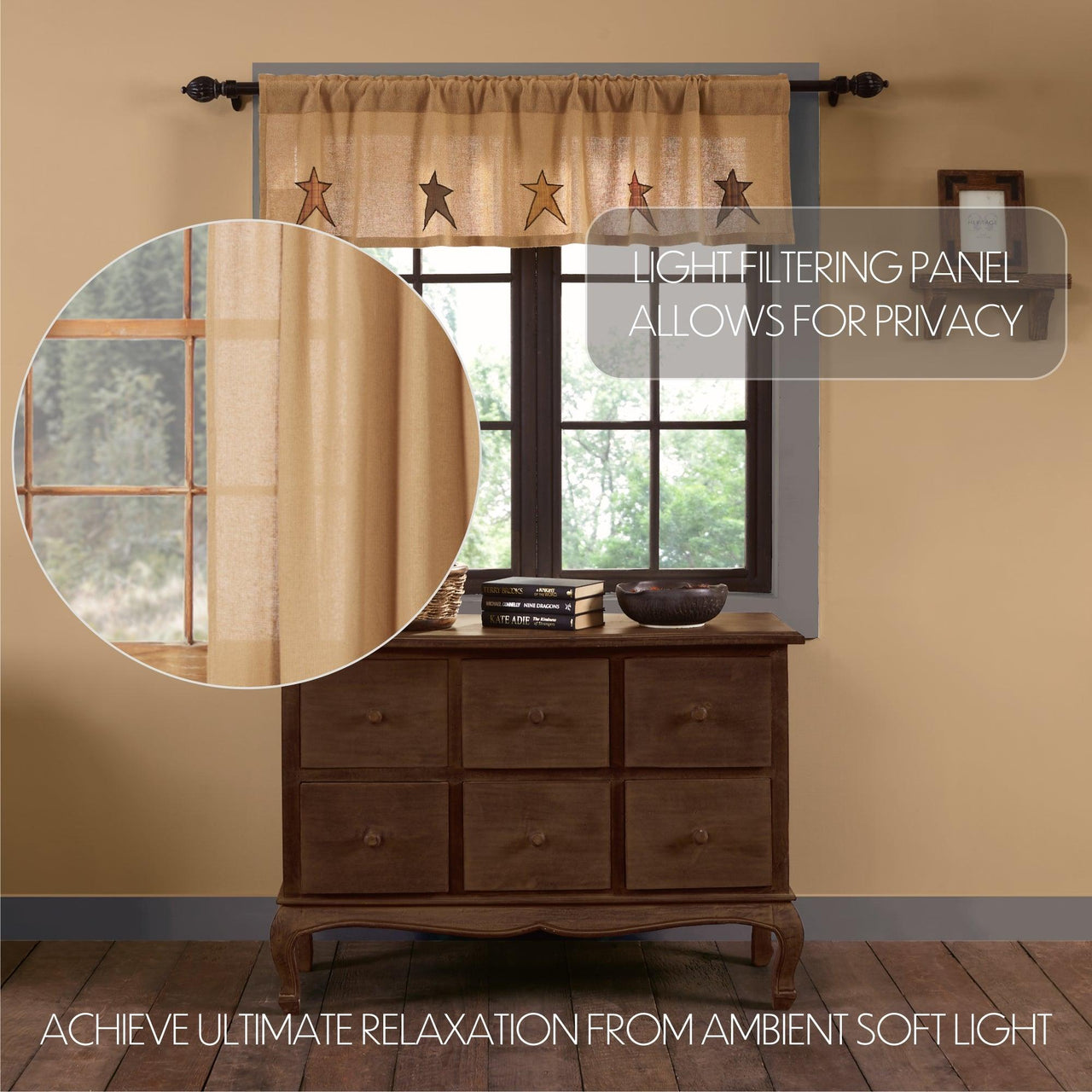 Stratton Burlap Applique Star Valance Curtain - The Fox Decor
