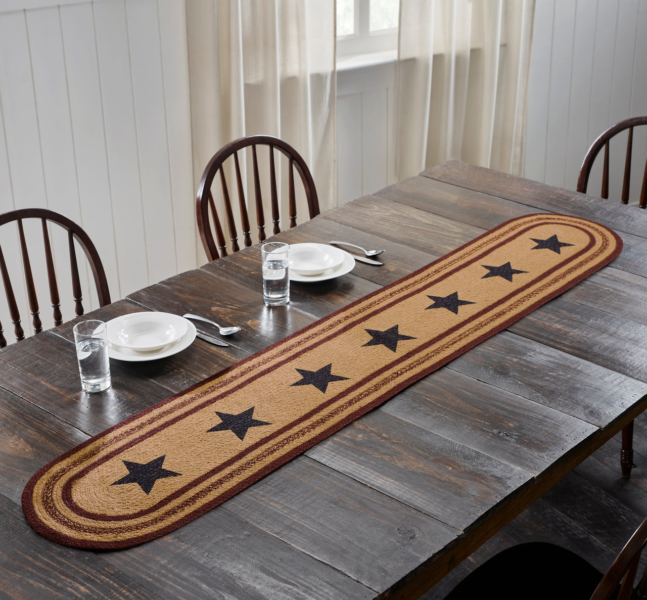 Potomac Jute Braided Table Runner Stencil Stars 13"x72" VHC Brands - The Fox Decor