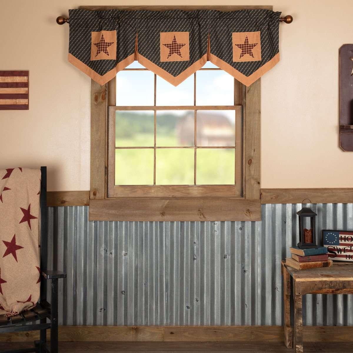 Patriotic Patch Star Block Valance Curtain Pleated Deep Red, Khaki, Navy VHC Brands - The Fox Decor