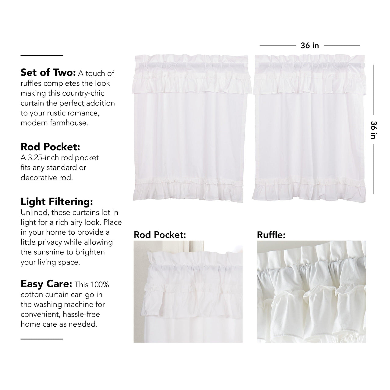 Muslin Ruffled Bleached White Tier Curtain Set of 2 L36xW36 VHC Brands - The Fox Decor
