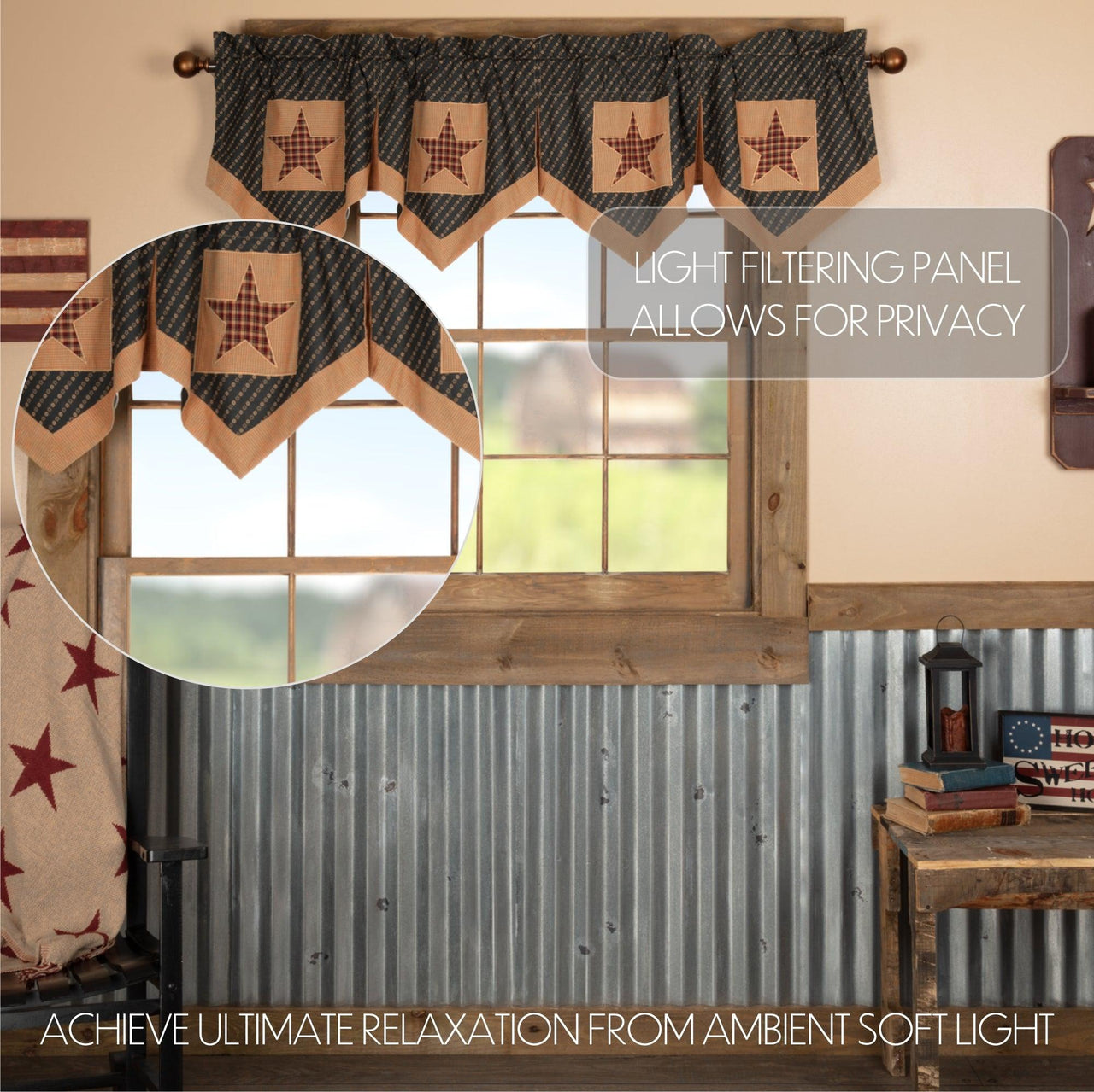 Patriotic Patch Star Block Valance Curtain Pleated Deep Red, Khaki, Navy VHC Brands - The Fox Decor