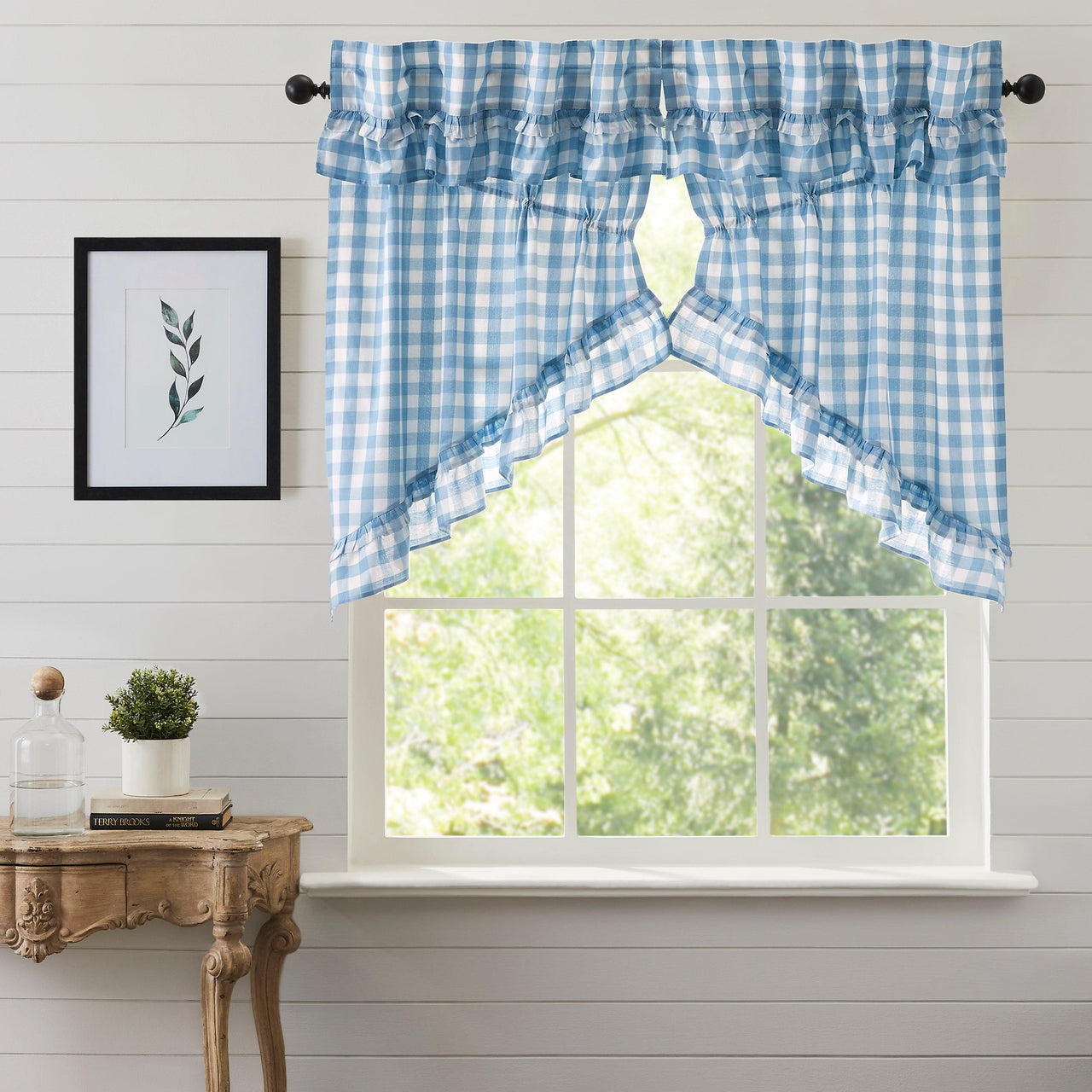 Annie Buffalo Blue Check Ruffled Prairie Swag Set of 2 36x36x18 VHC Brands - The Fox Decor