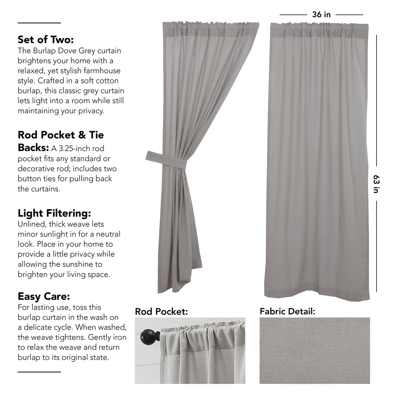 Burlap Dove Grey Short Panel Set of 2 63x36 VHC Brands - The Fox Decor