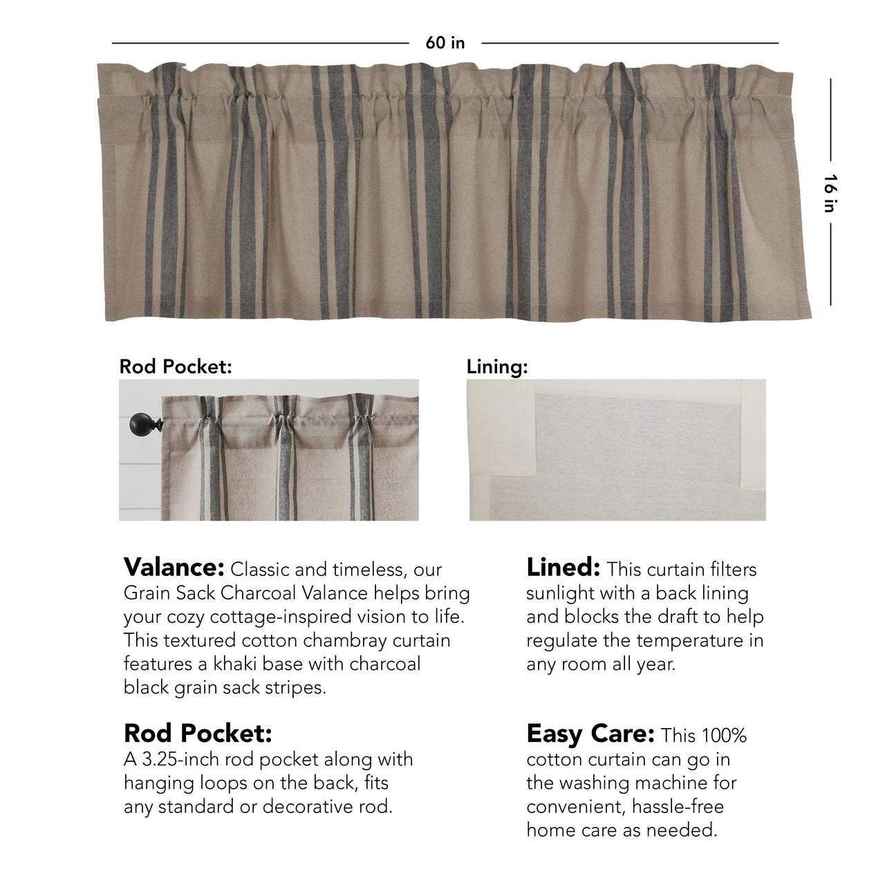 Grain Sack Charcoal Valance 16x60 VHC Brands - The Fox Decor