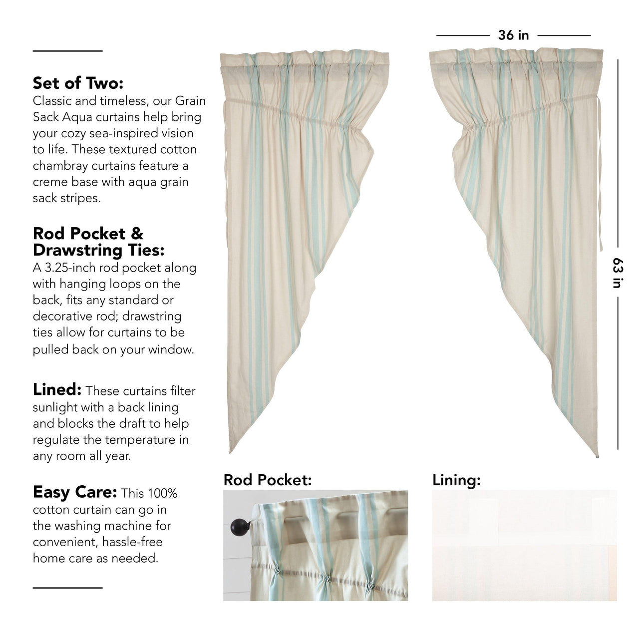 Grain Sack Aqua Prairie Short Panel Set of 2 63x36x18 VHC Brands - The Fox Decor