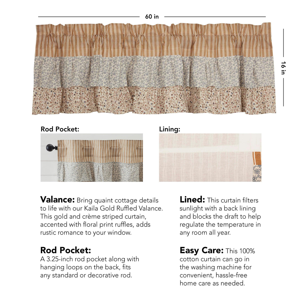 Kaila Ticking Gold Ruffled Valance 16x60 VHC Brands - The Fox Decor