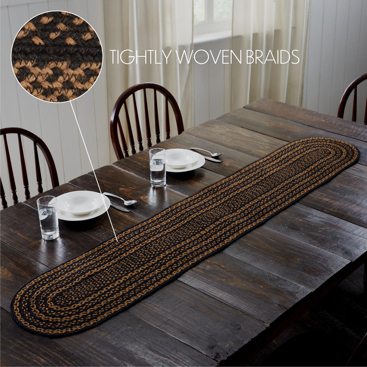 Black & Tan Jute Oval Braided Table Runner 13x72 VHC Brands - The Fox Decor