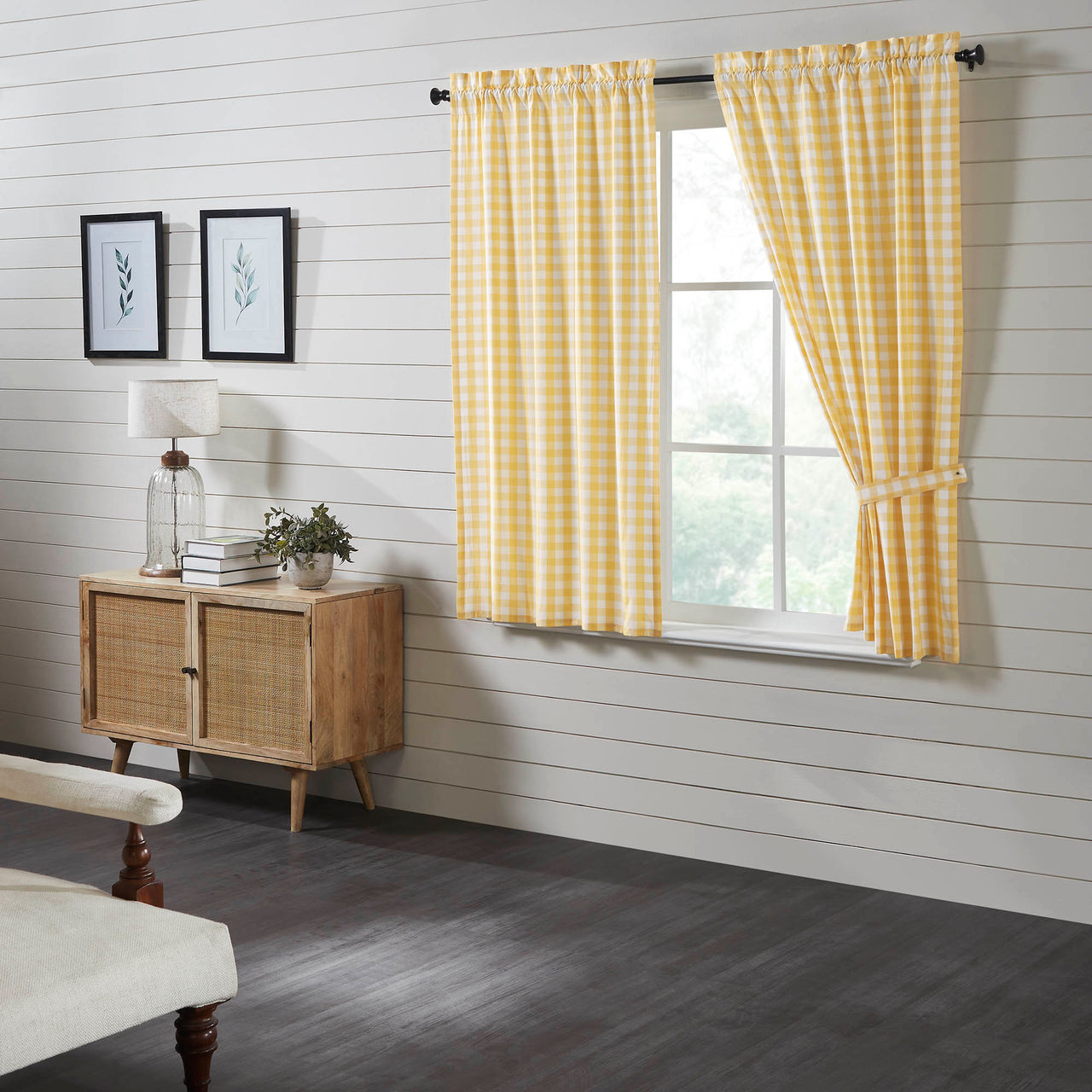 Annie Buffalo Yellow Check Short Panel Curtain Set of 2 63"x36" VHC Brands - The Fox Decor