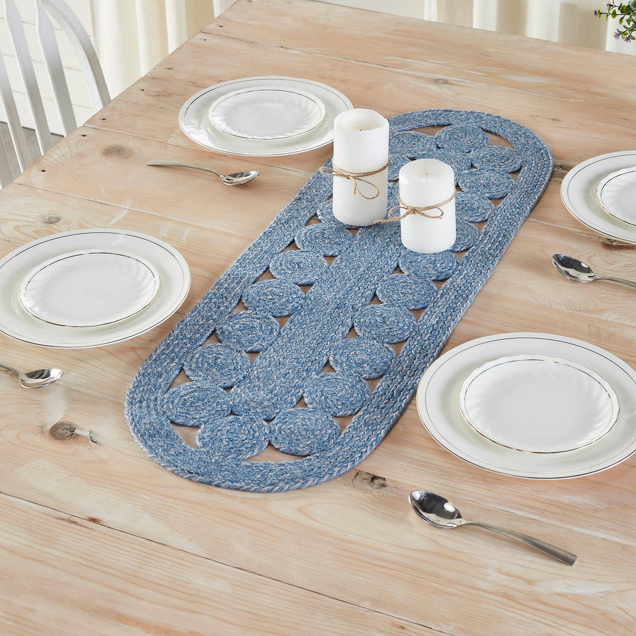 Celeste Blended Blue Indoor/Outdoor Oval Braided Table Runner 12"x36" VHC Brands - The Fox Decor