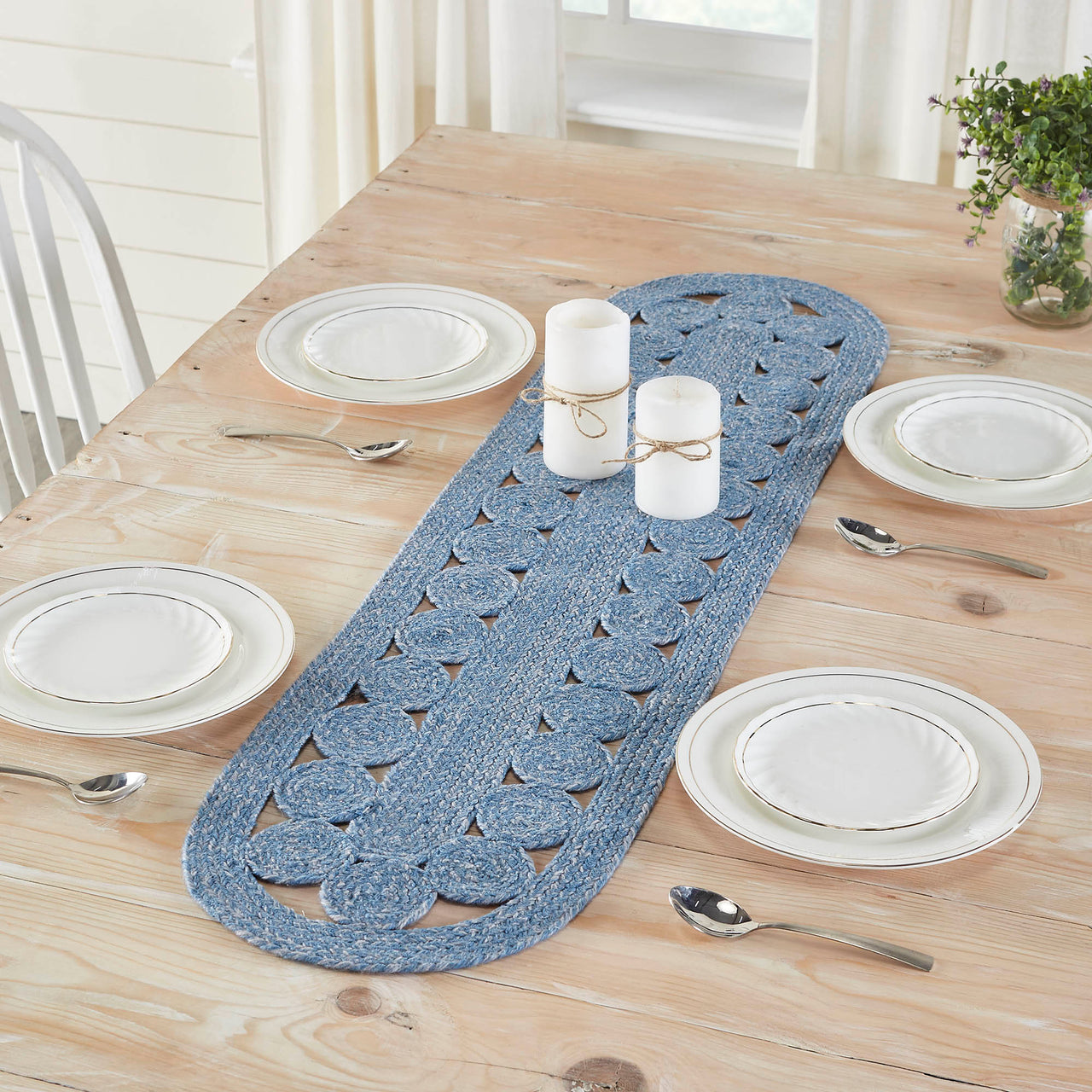 Celeste Blended Blue Indoor/Outdoor Oval Braided Table Runner 12"x48" VHC Brands - The Fox Decor