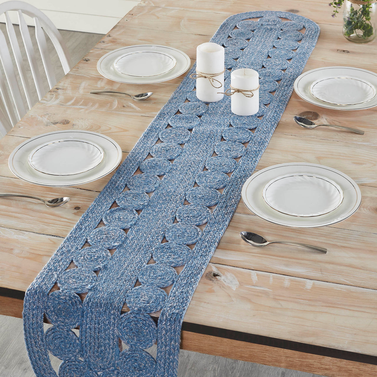 Celeste Blended Blue Indoor/Outdoor Oval Braided Table Runner 12"x72" VHC Brands - The Fox Decor