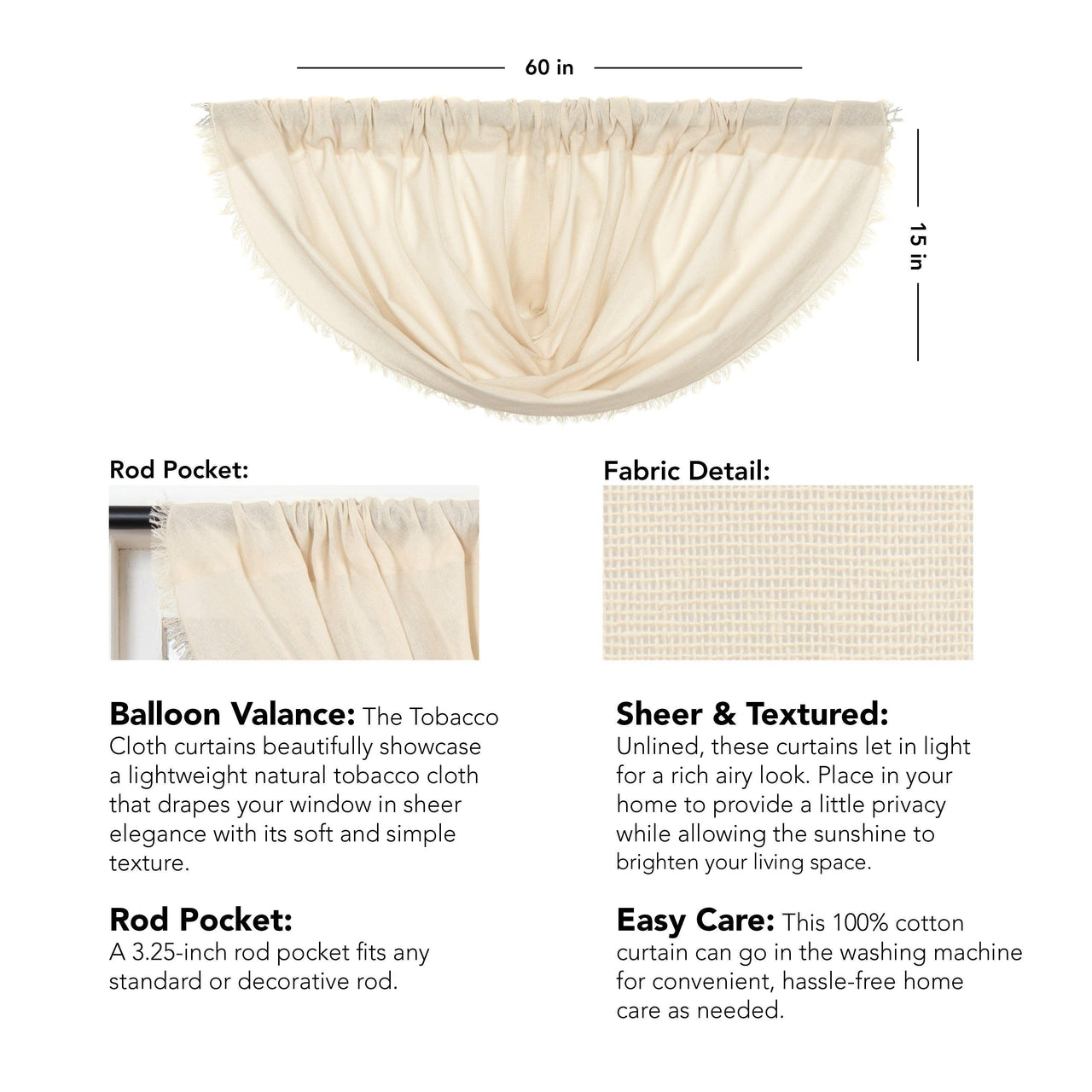Tobacco Cloth Natural Balloon Valance Curtain Fringed 15x60 - The Fox Decor