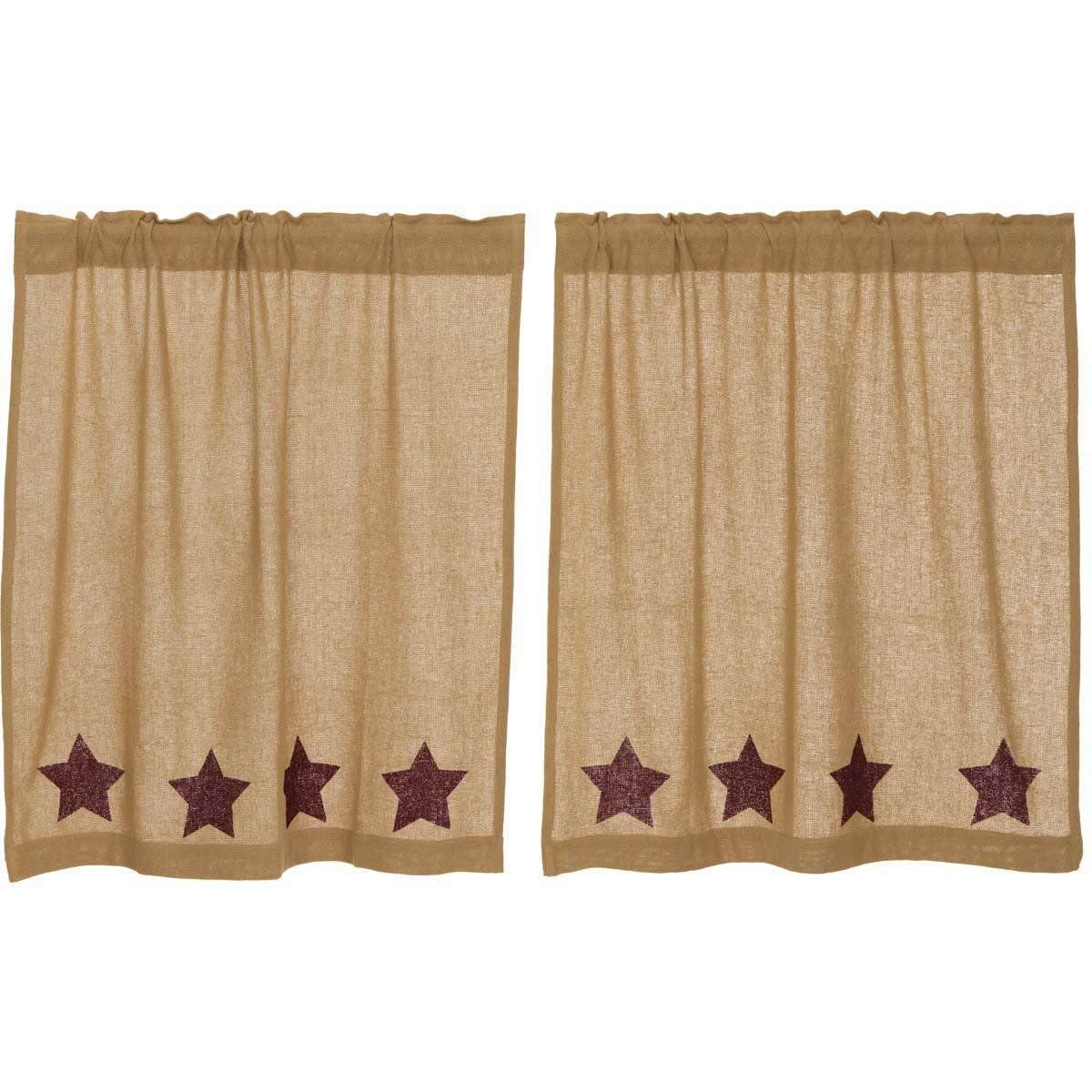 Burlap w/Burgundy Stencil Stars Tier Curtain Set of 2 L36xW36 - The Fox Decor