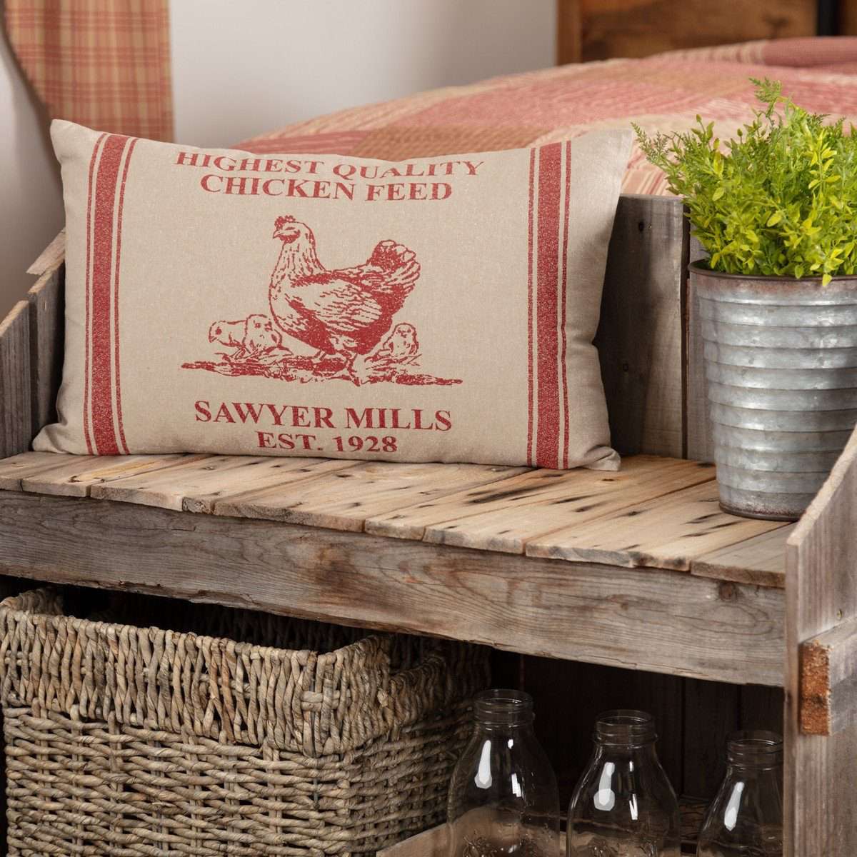 Sawyer Mill Red Hen and Chicks Pillow 14"x22" Country Red, Khaki VHC Brands - The Fox Decor