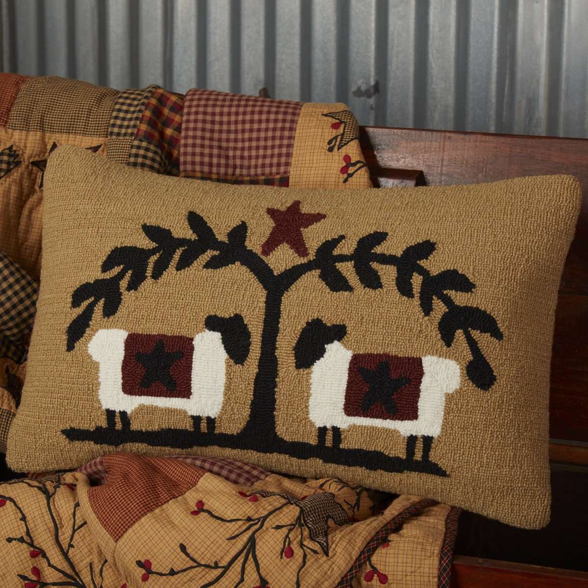 Heritage Farms Sheep and Star Hooked Pillow 14"x22" - VHC Brands - The Fox Decor