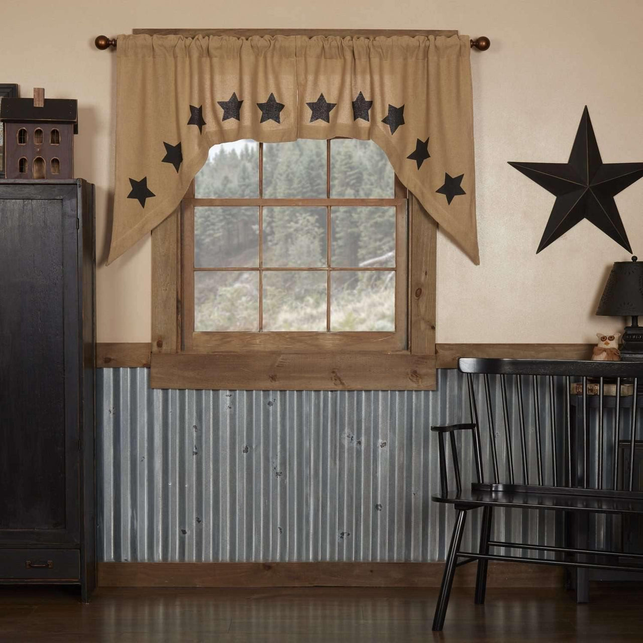 Burlap w/Black Stencil Stars Swag Curtain Set of 2 36x36x16 - The Fox Decor