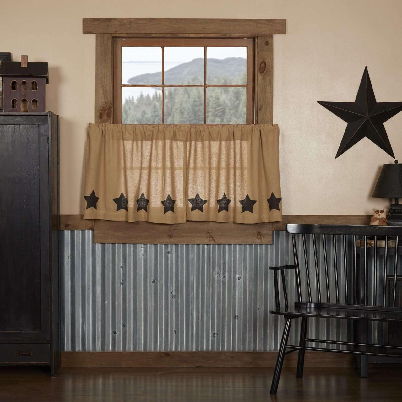Burlap w/Black Stencil Stars Tier Curtain Set of 2 L24xW36 - The Fox Decor