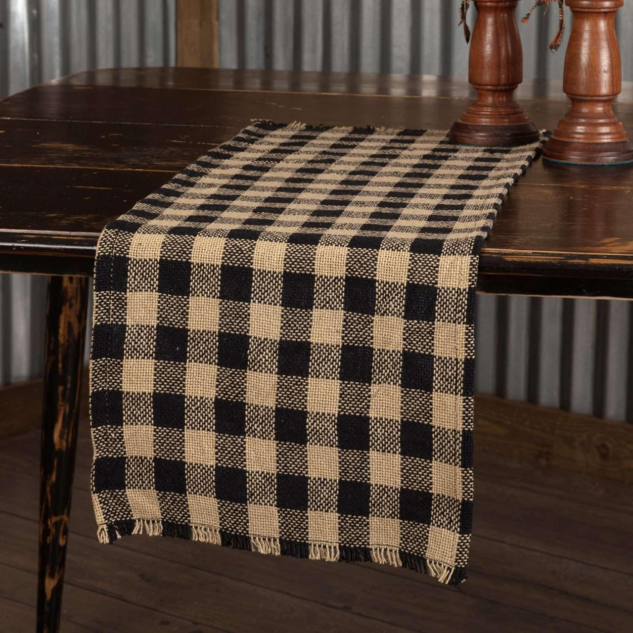 Burlap Black Check Runner Fringed 13x48 VHC Brands - The Fox Decor