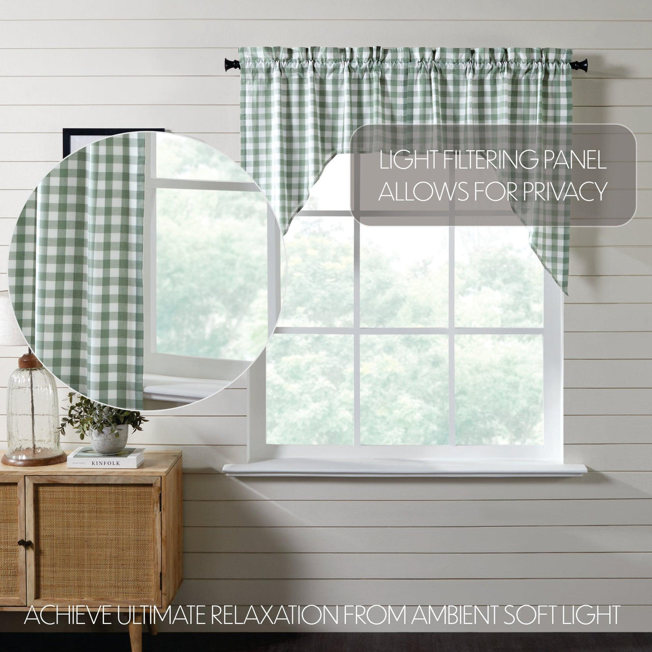 Annie Buffalo Green Check Swag Curtain Set of 2 36x36x16 VHC Brands - The Fox Decor