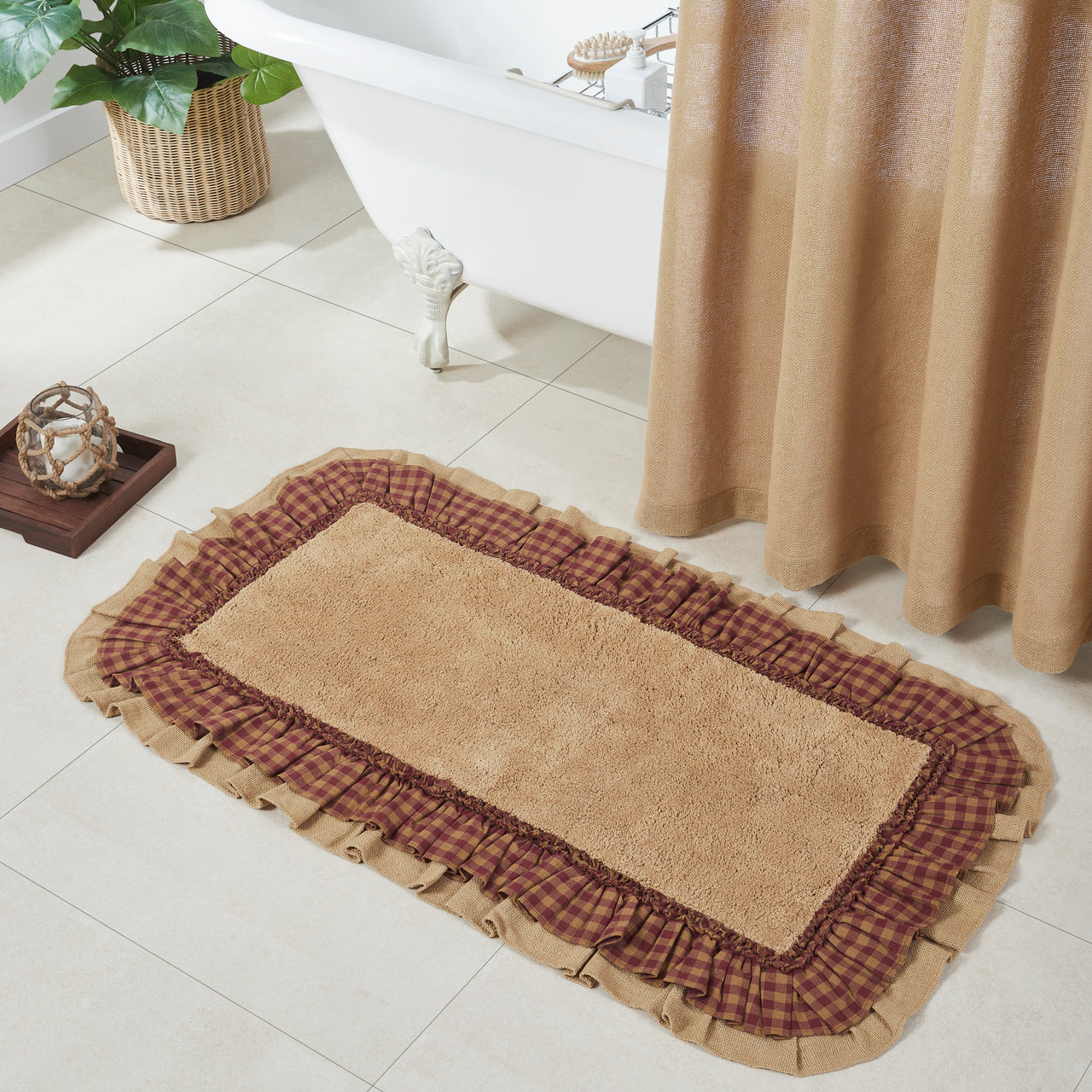 Burlap Natural w/ Burgundy Check Bathmat 27" x 48" VHC Brands - The Fox Decor