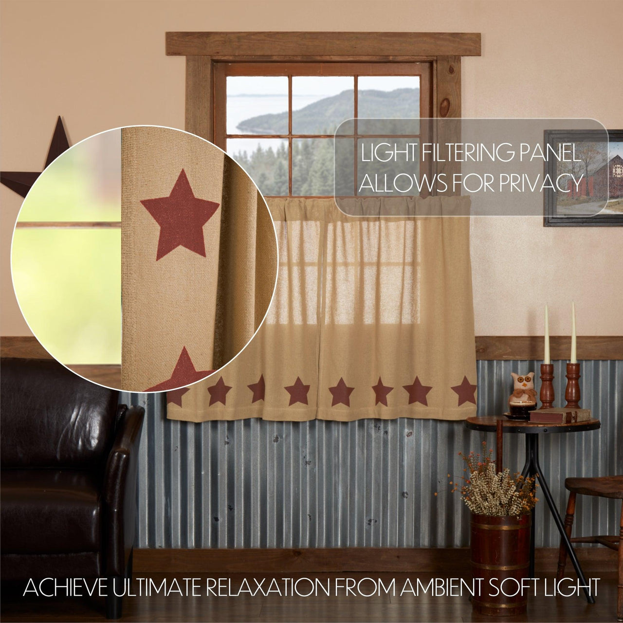 Burlap w/Burgundy Stencil Stars Tier Curtain Set of 2 L36xW36 - The Fox Decor