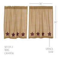 Burlap w/Burgundy Stencil Stars Tier Curtain Set of 2 L36xW36 - The Fox Decor