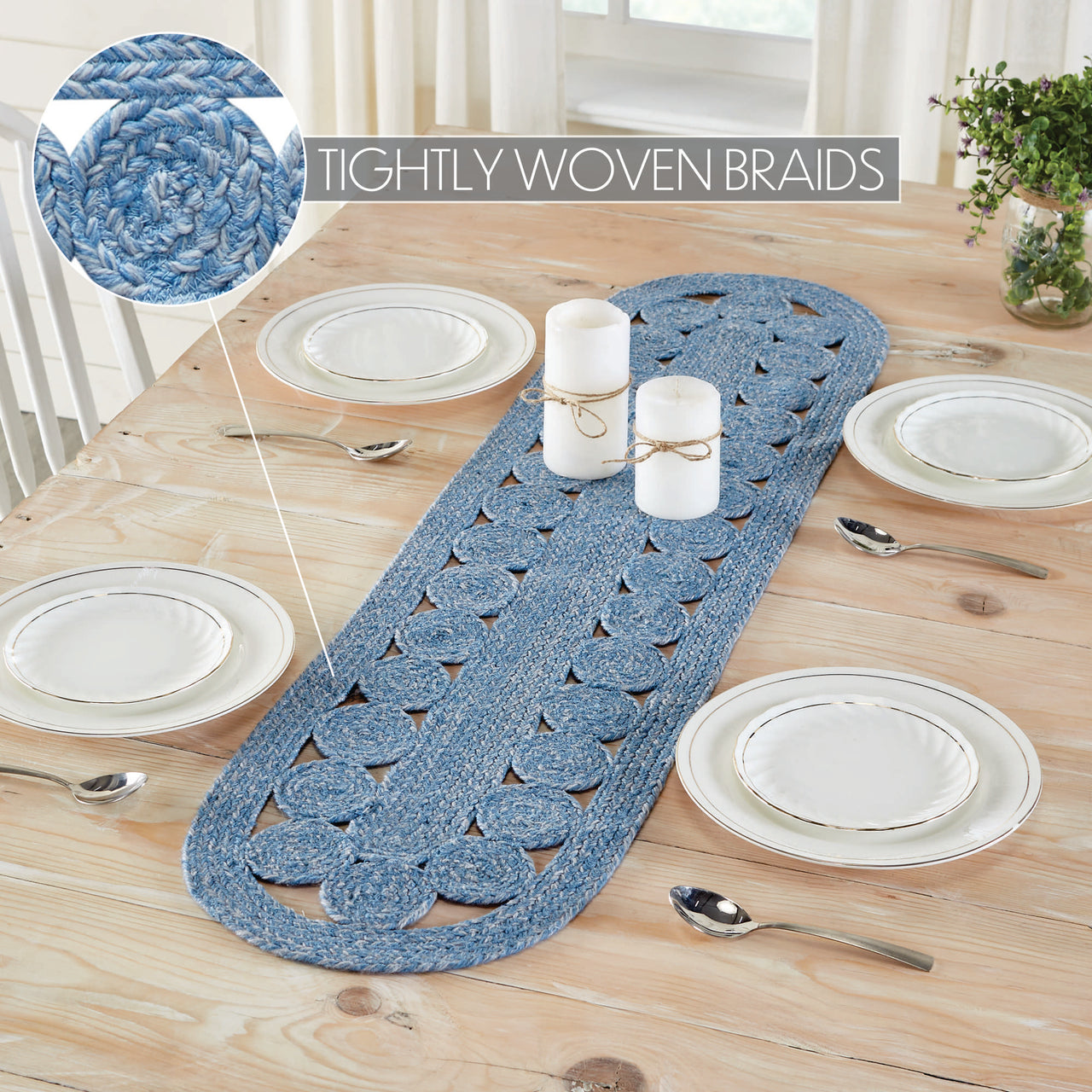 Celeste Blended Blue Indoor/Outdoor Oval Braided Table Runner 12"x48" VHC Brands - The Fox Decor