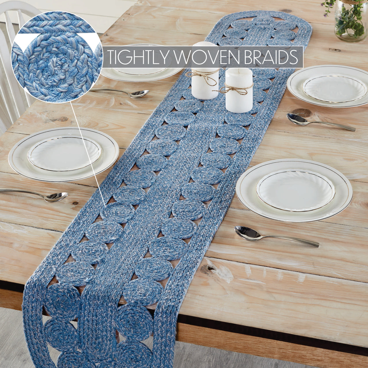 Celeste Blended Blue Indoor/Outdoor Oval Braided Table Runner 12"x72" VHC Brands - The Fox Decor