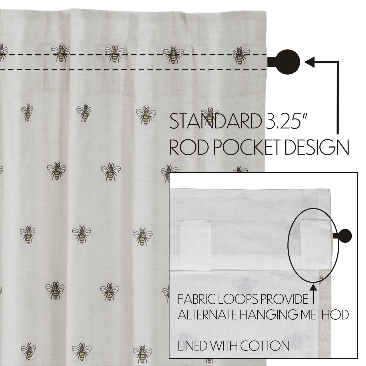 Embroidered Bee Valance Curtain 16"x90" VHC Brands - The Fox Decor