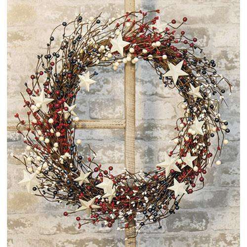 Americana Berry Wreath w/Metal Stars, 22" - The Fox Decor