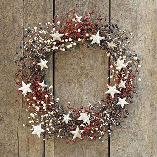 Americana Berry Wreath w/Metal Stars, 22" - The Fox Decor