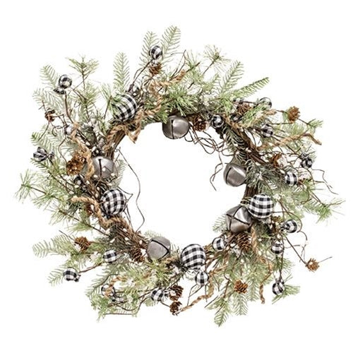 Black & White Country Gingham Bells Wreath, 24" - The Fox Decor