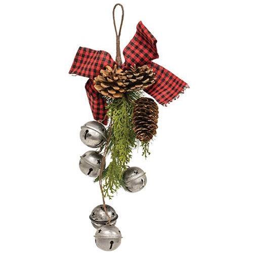 Pewter Bells Teardrop w/Black & Red Buffalo Check Bow - The Fox Decor