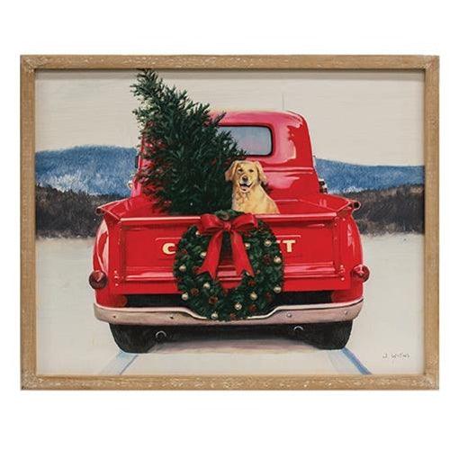 Golden Dog in Christmas Truck Wood Sign - The Fox Decor