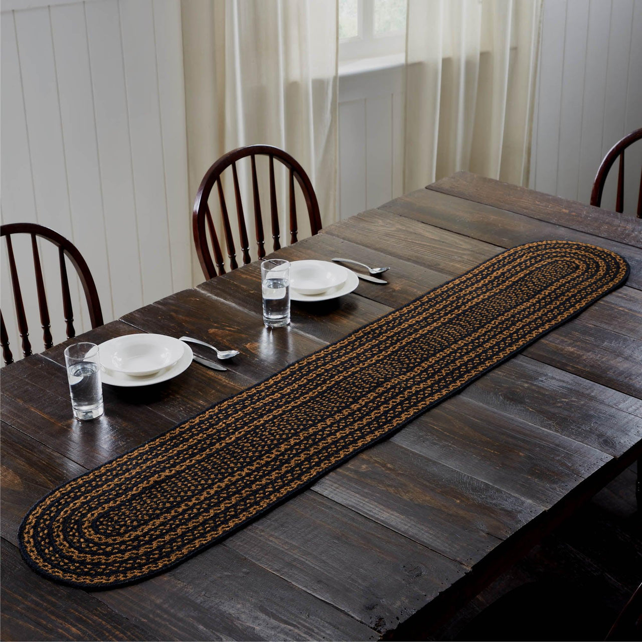 Black & Tan Jute Oval Braided Table Runner 13x72 VHC Brands - The Fox Decor