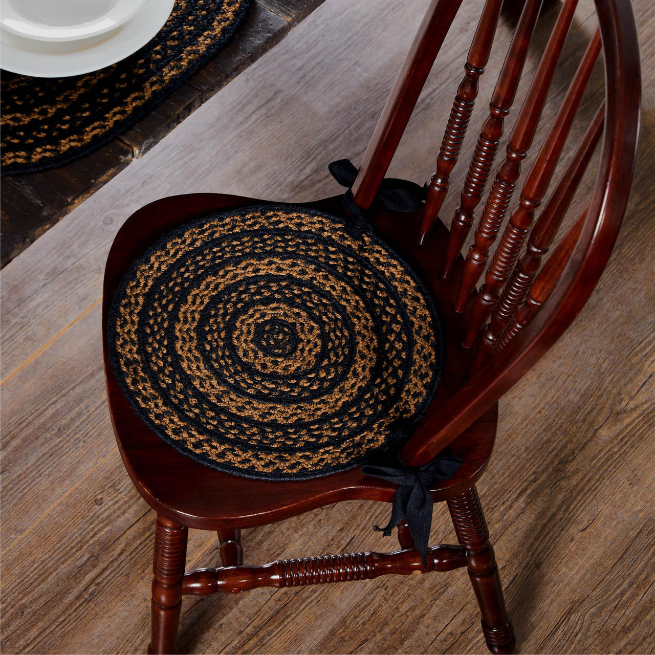 Black & Tan Jute Braided Chair Pad 15 inch Diameter VHC Brands - The Fox Decor