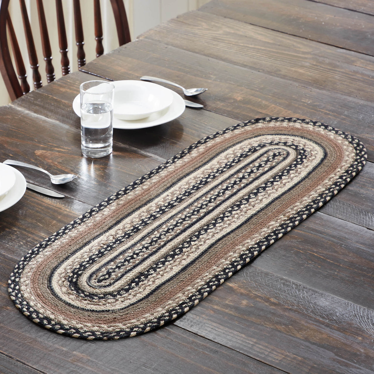 Sawyer Mill Charcoal Creme Jute Braided Oval Table Runner 13"x36" VHC Brands - The Fox Decor