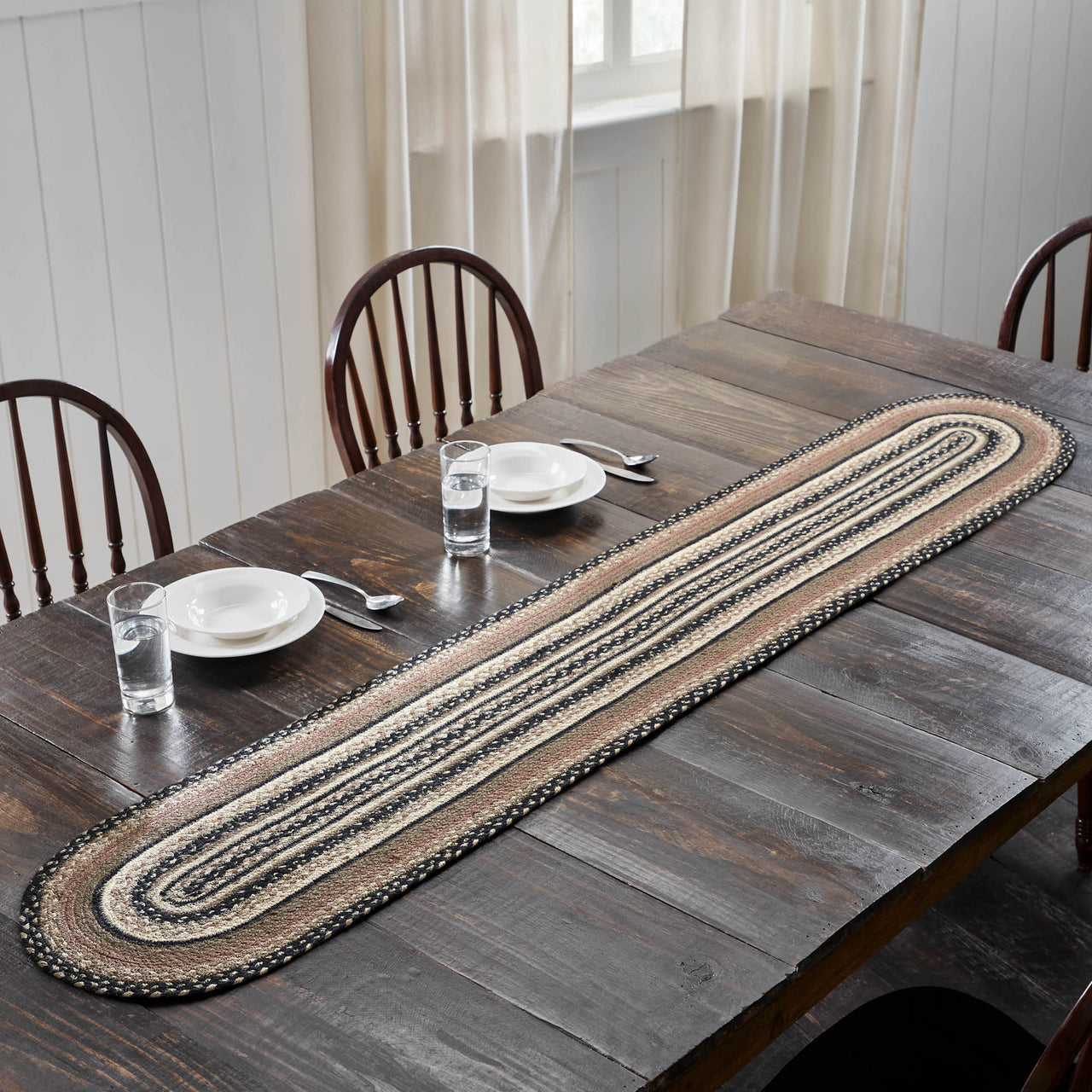 Sawyer Mill Charcoal Creme Jute Braided Oval Table Runner 13"x72" VHC Brands - The Fox Decor