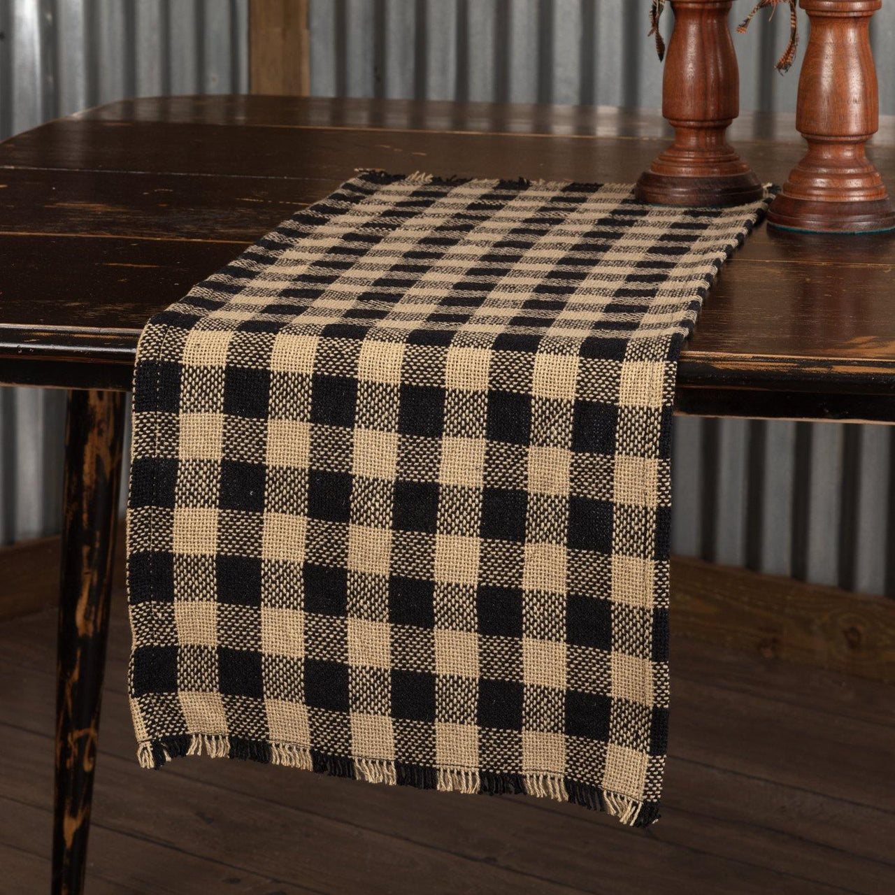 Burlap Black Check Runner Fringed 13x48 VHC Brands - The Fox Decor